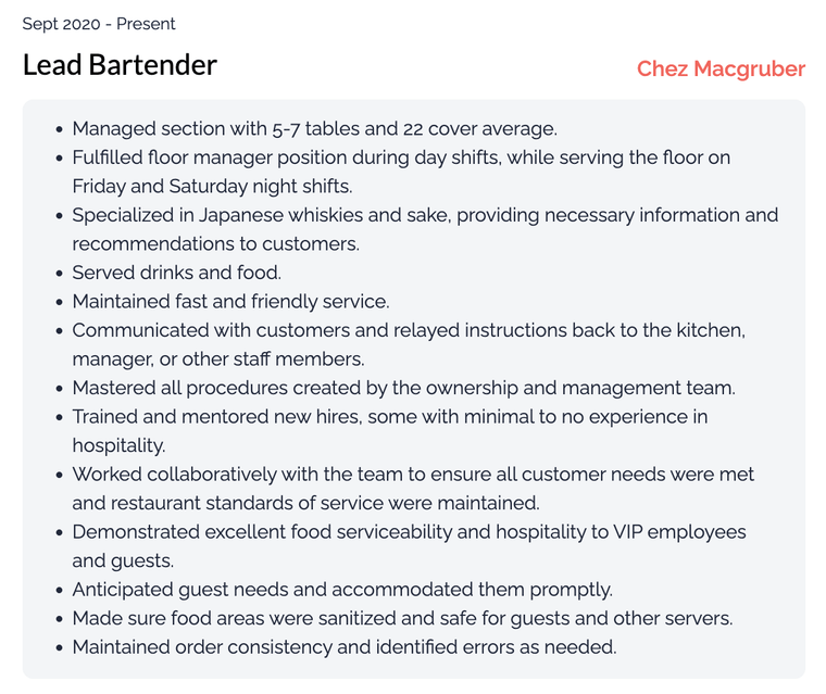 Example lead bartender resume example: job description