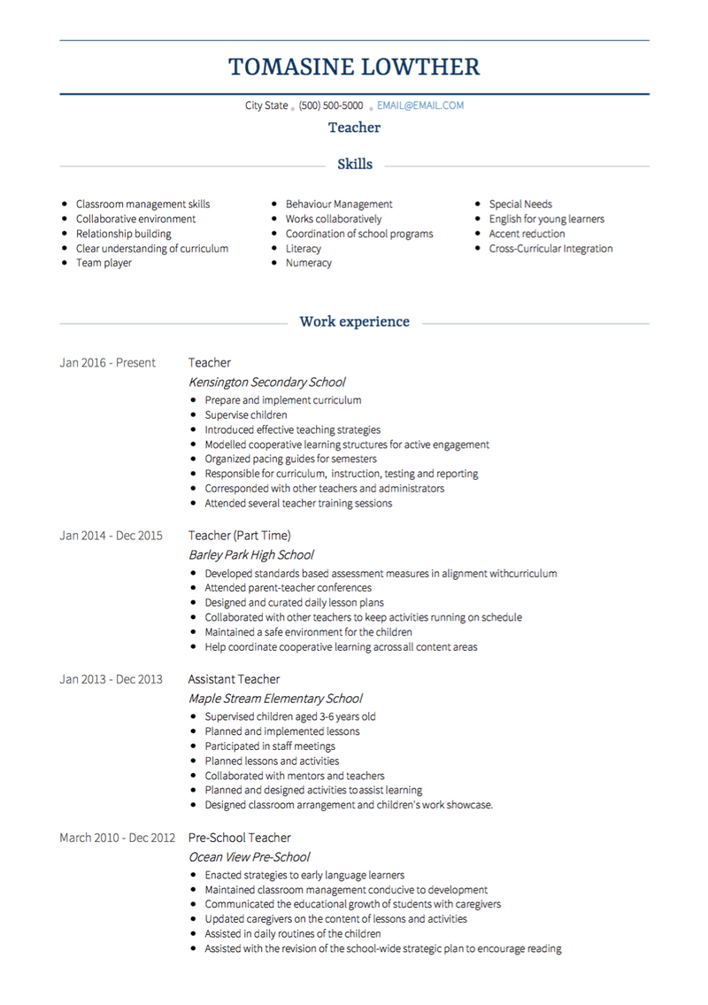 Teacher CV Example and Template