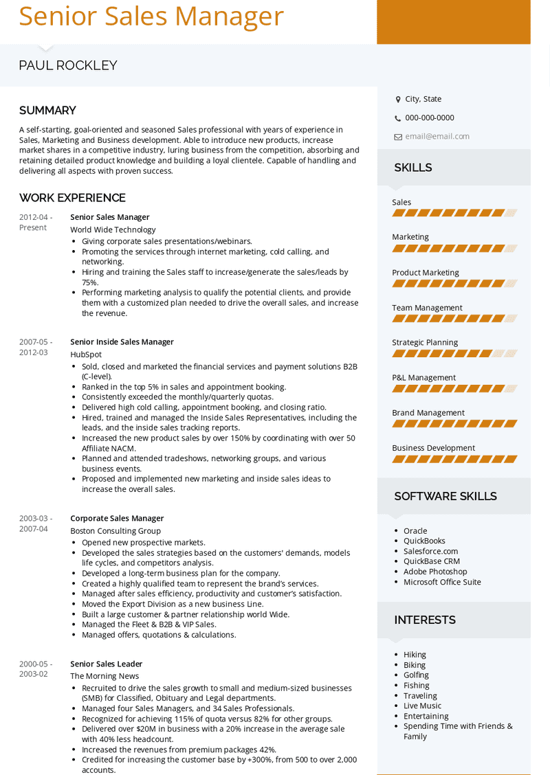 resume job description of sales manager