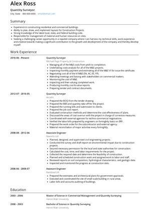 Quantity Surveyor Resume Sample and Template