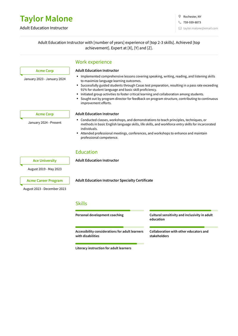 Adult Education Instructor Resume Sample and Template