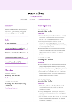 Assembly Line Worker Resume Sample and Template