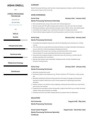 Sterile Processing Technician Resume Sample and Template