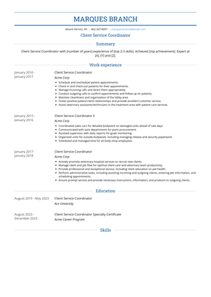 Client Service Coordinator Resume Sample and Template