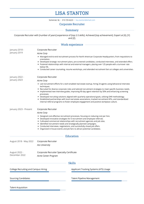 Corporate Recruiter Resume Sample and Template