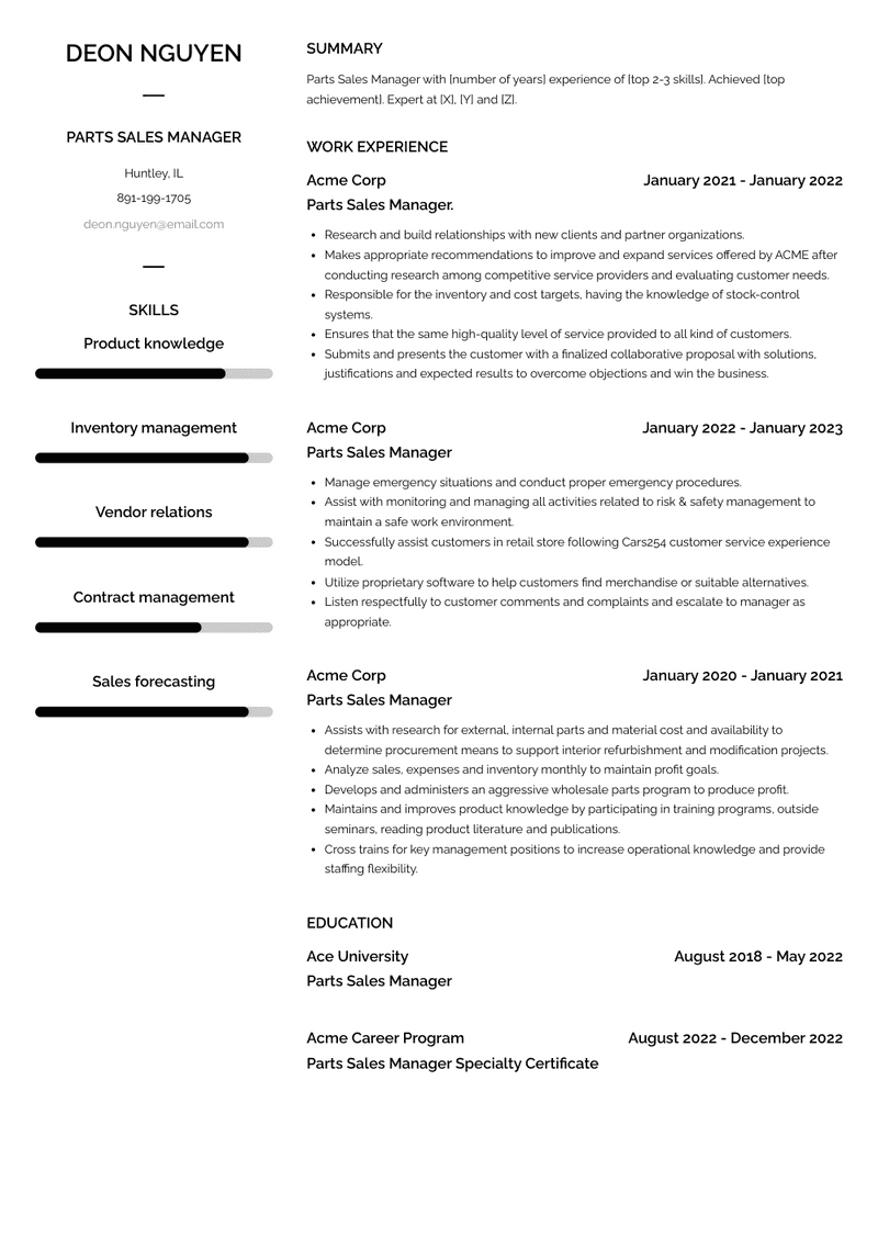 Parts Sales Manager Resume Sample and Template