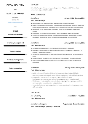 Parts Sales Manager Resume Sample and Template