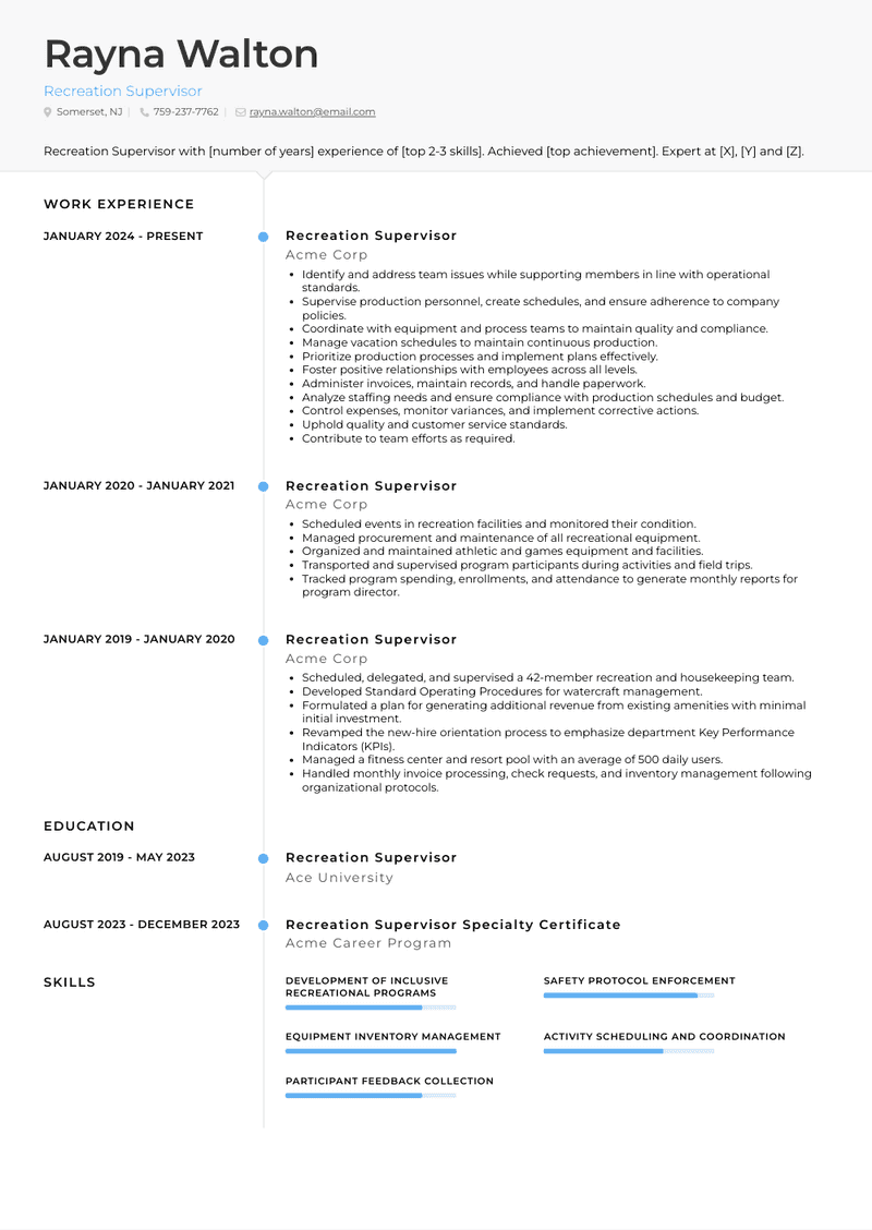 Recreation Supervisor Resume Sample and Template