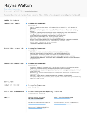 Recreation Supervisor Resume Sample and Template