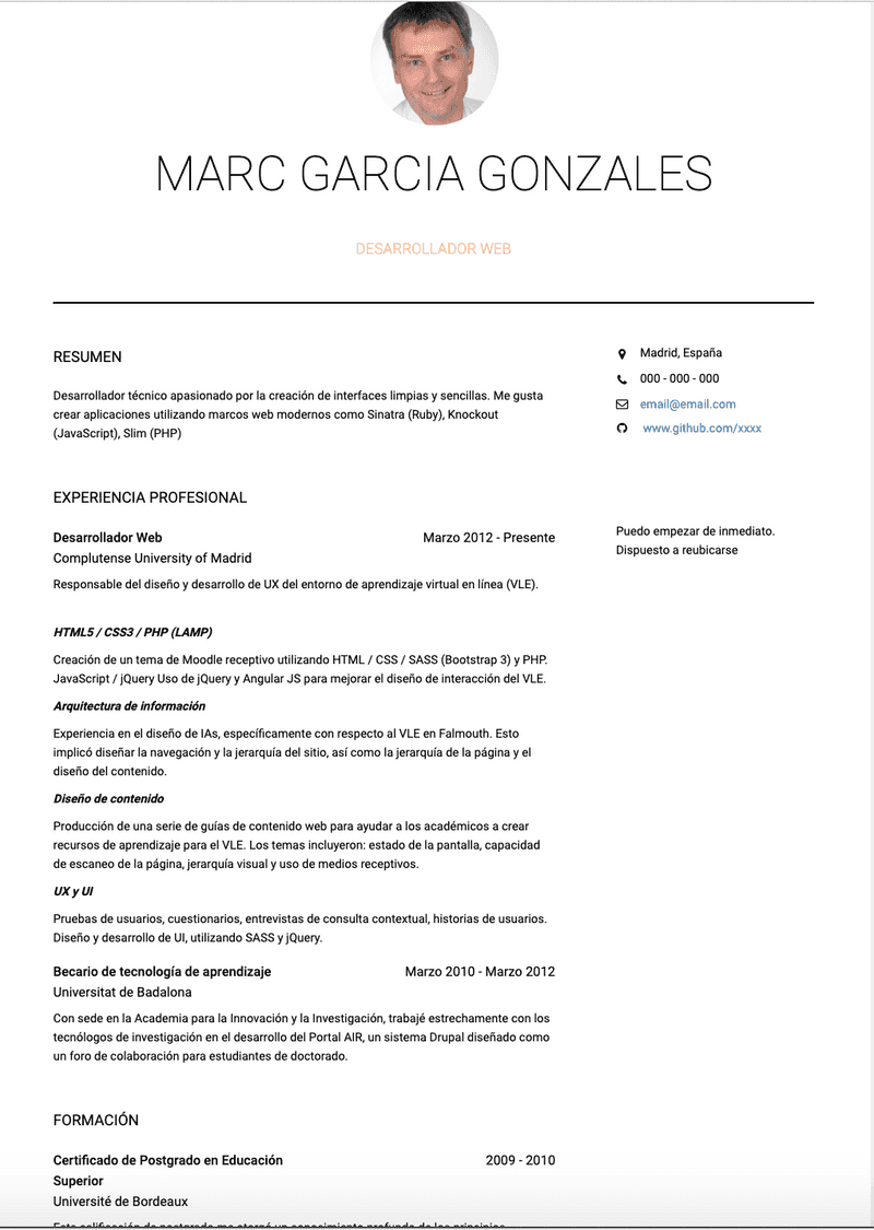 Plantilla y ejemplo de Desarrolador Web CV