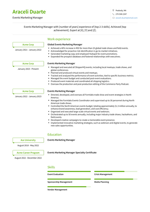Events Marketing Manager Resume Sample and Template