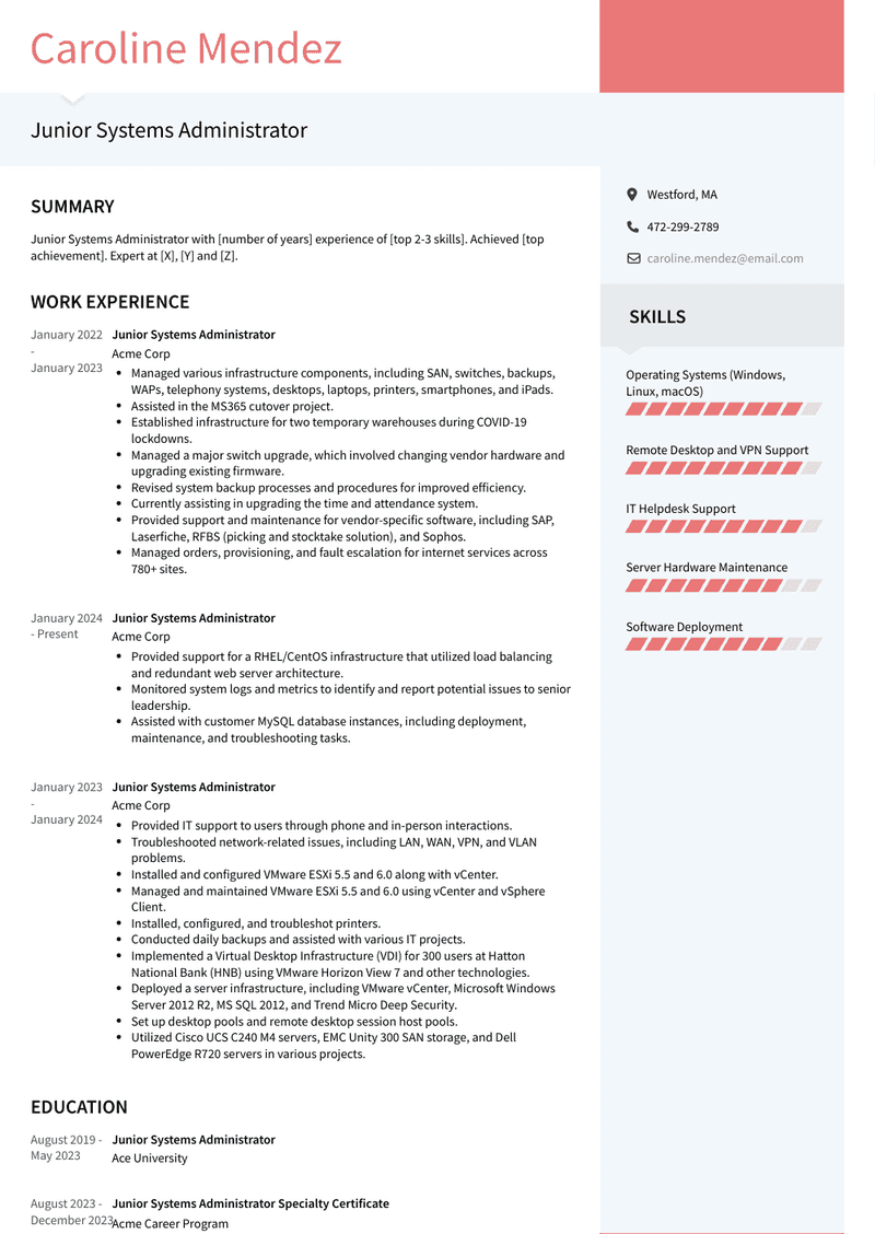Junior Systems Administrator Resume Sample and Template