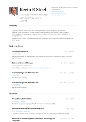 Database And Network Manager Resume Sample and Template