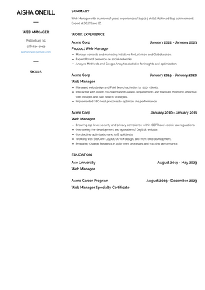 Web Manager Resume Sample and Template