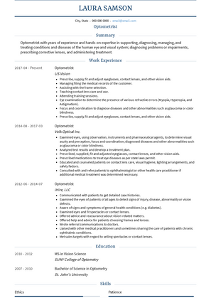 Optometrist Resume Sample and Template