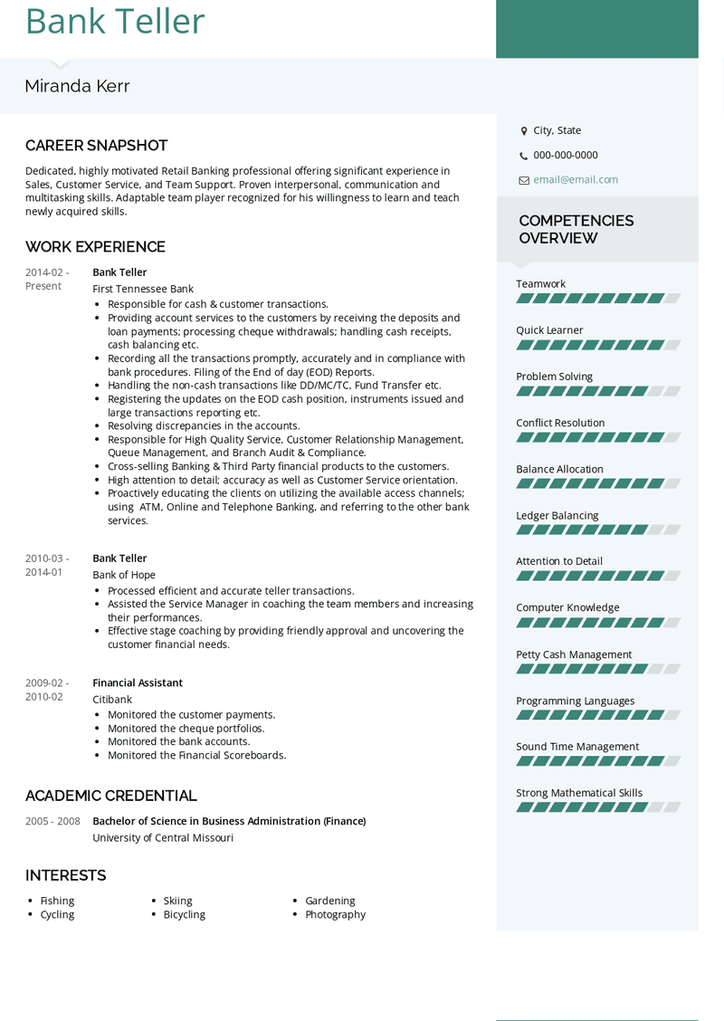 Bank Teller Resume Sample and Template