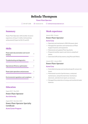 Power Plant Operator Resume Sample and Template