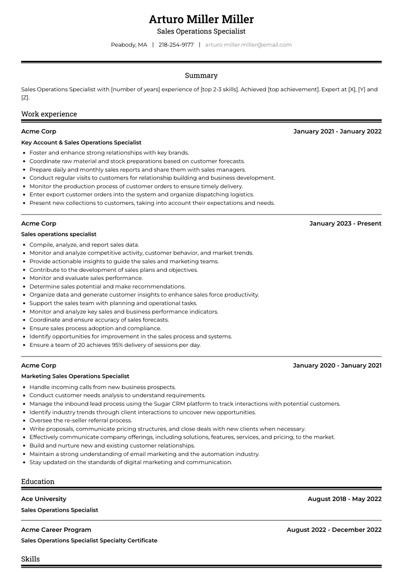 Sales Operations Specialist Resume Sample and Template