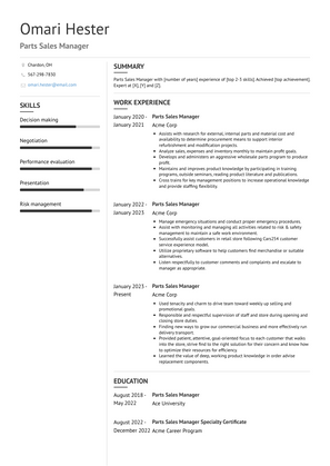 Parts Sales Manager Resume Sample and Template