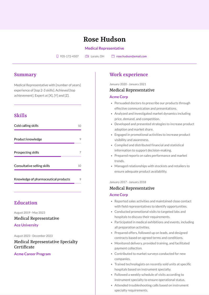 Medical Representative Resume Sample and Template