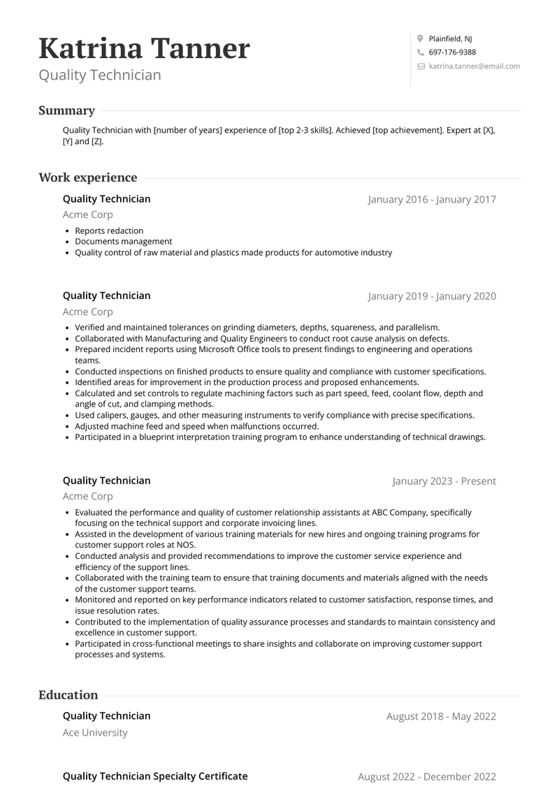 Quality Technician Resume Sample and Template