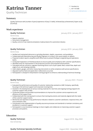 Quality Technician Resume Sample and Template