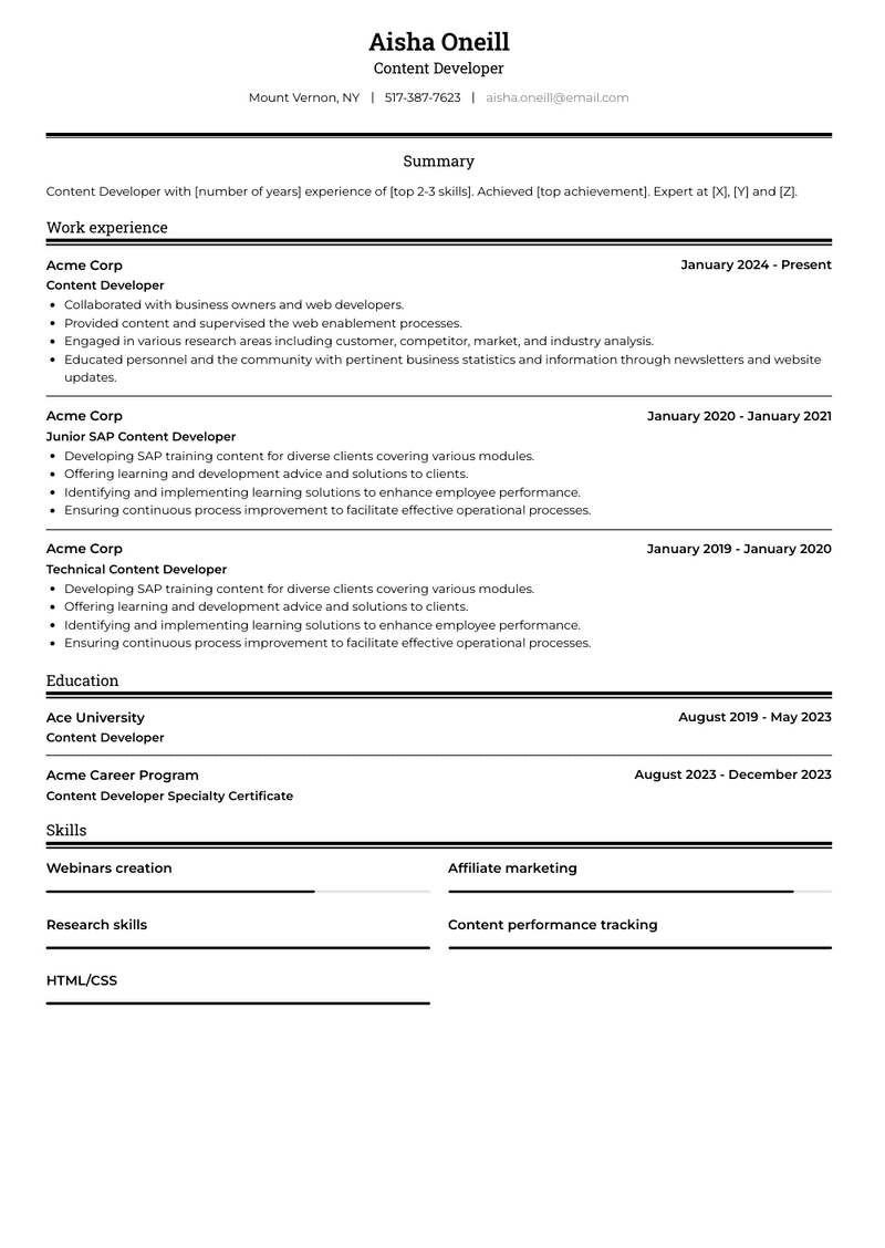 Content Developer Resume Sample and Template