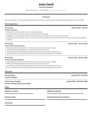 Content Developer Resume Sample and Template