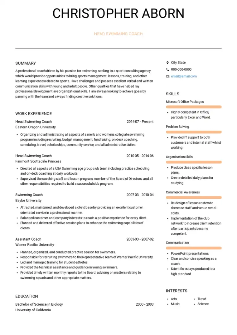 head swimming coach resume