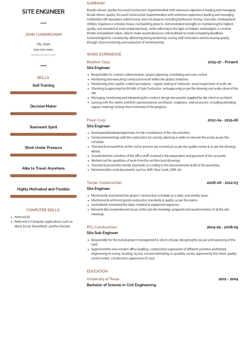 Site Engineer Resume Sample and Template
