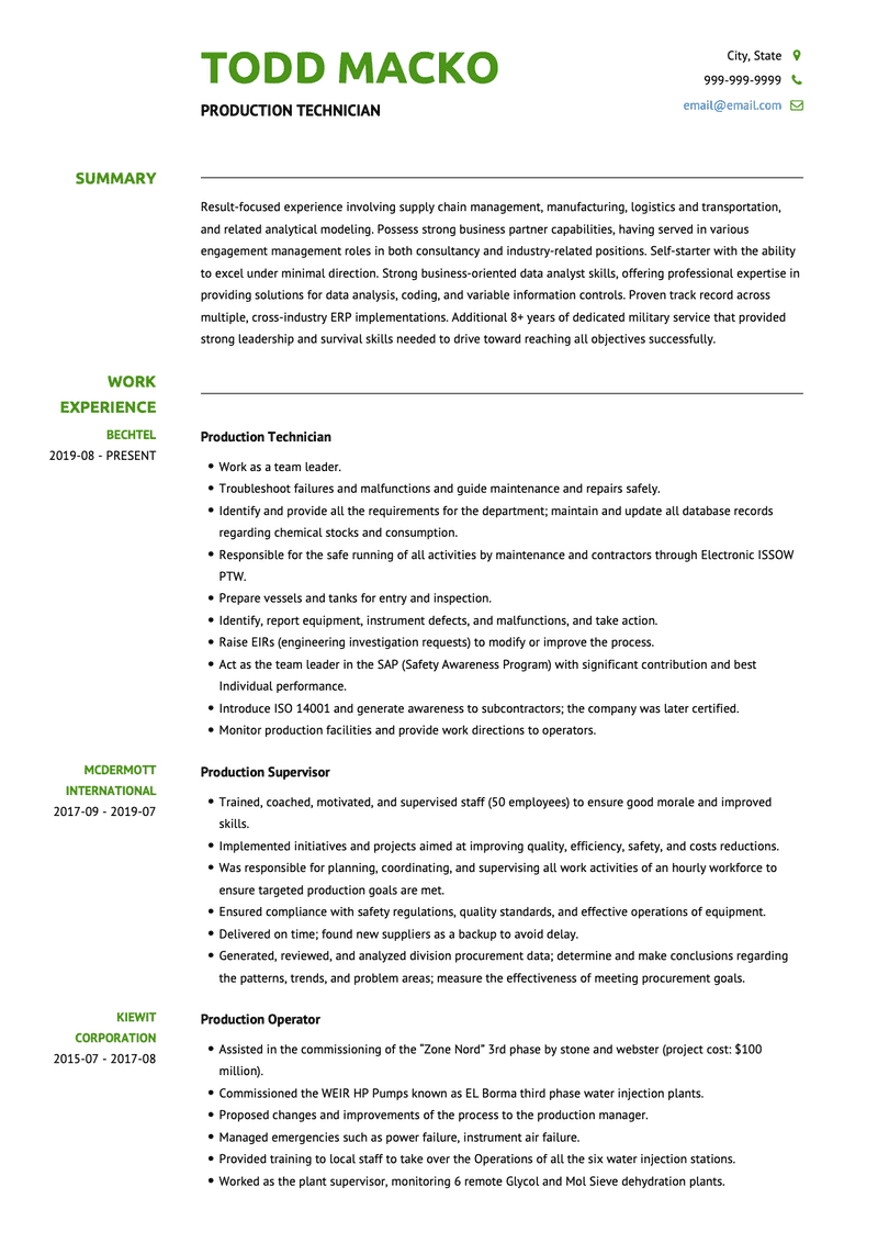 Production CV Example and Template