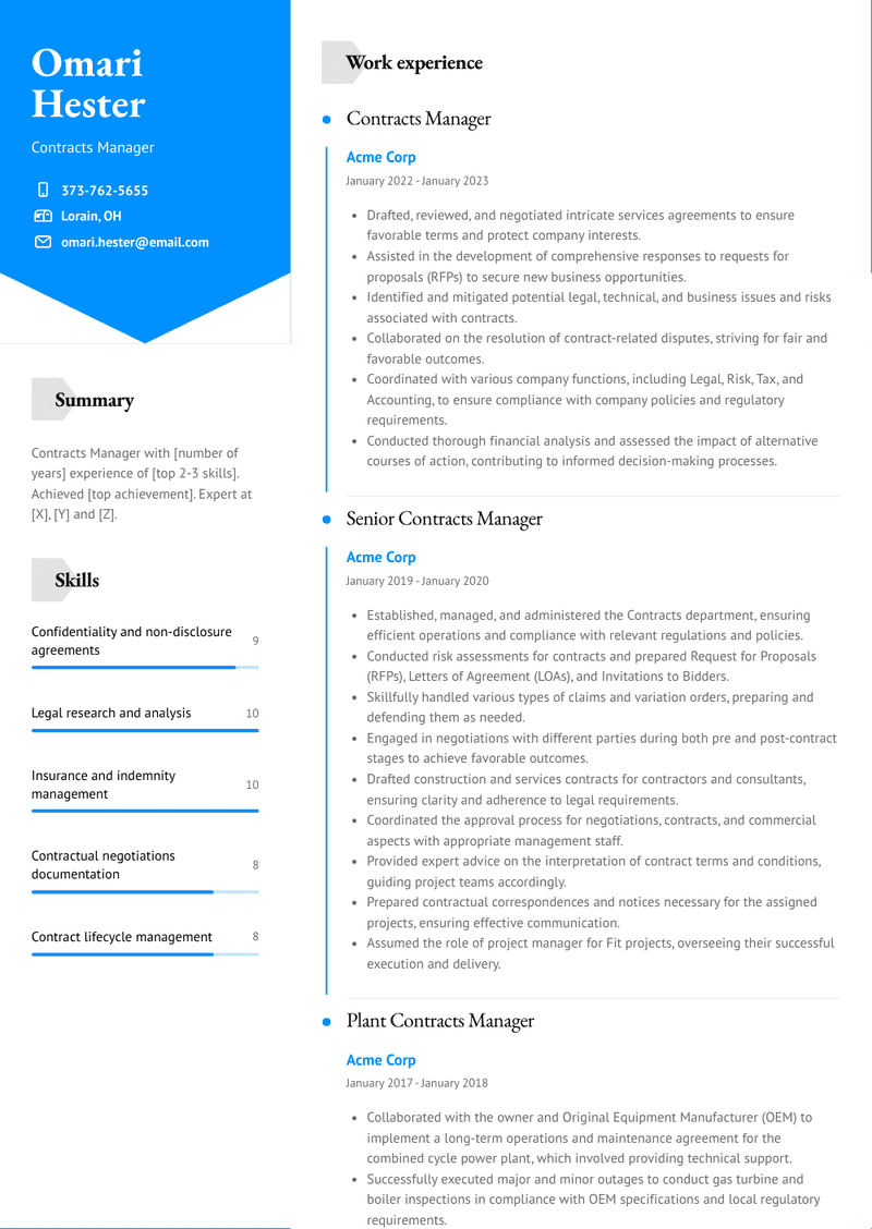 Contracts Manager Resume Sample and Template