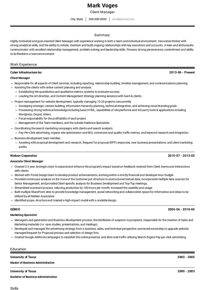 Client Manager Resume Sample and Template