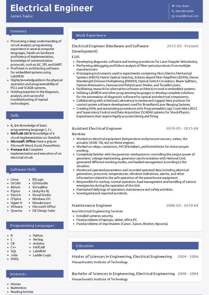 Electrical Engineer Resume Sample and Template