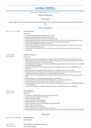 Patient Registrar Resume Sample and Template