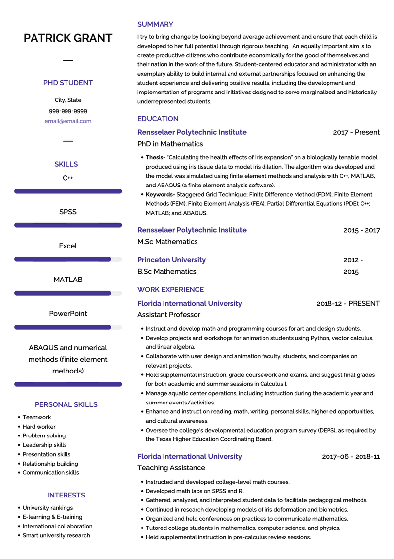 PHD Student CV Example and Template