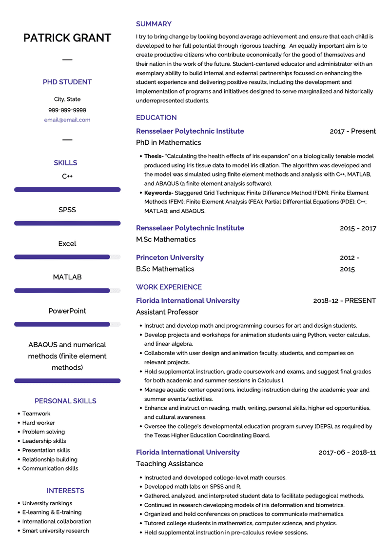 cv format for phd admission