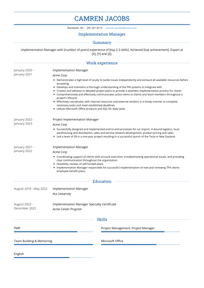 Implementation Manager Resume Sample and Template