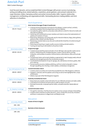 Web Content Manager Resume Sample and Template