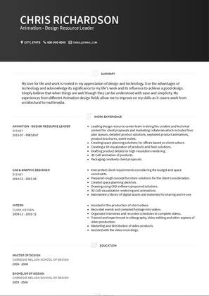 Animation - Design Resource Leader Resume Sample and Template