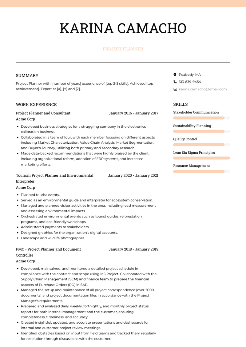 Project Planner Resume Sample and Template