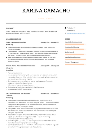 Project Planner Resume Sample and Template