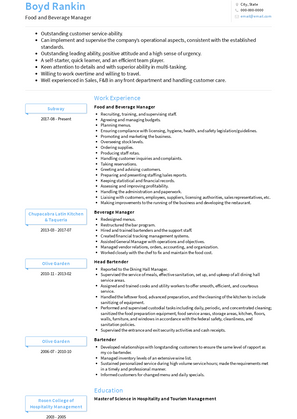 Food and Beverage Manager Resume Sample and Template