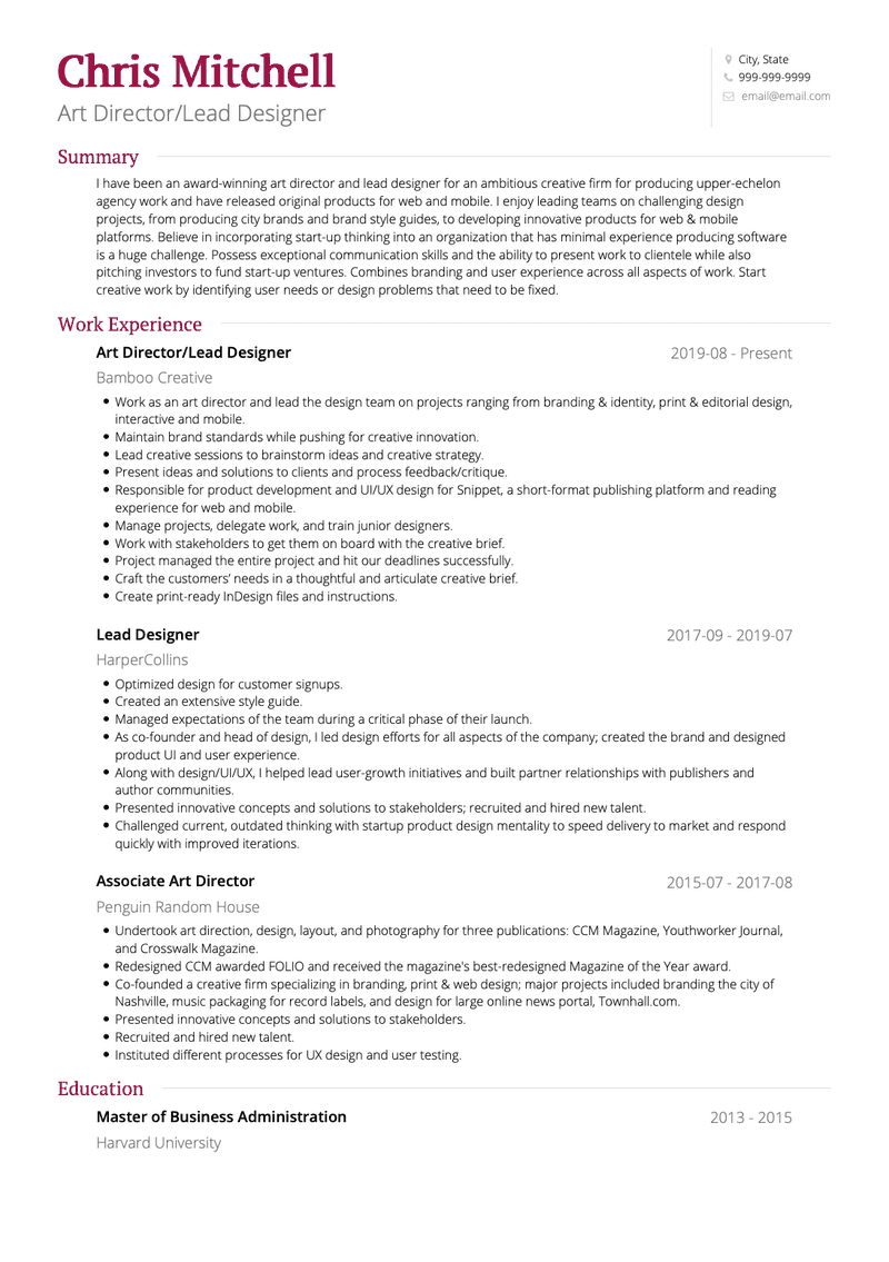 Art Director CV Example and Template