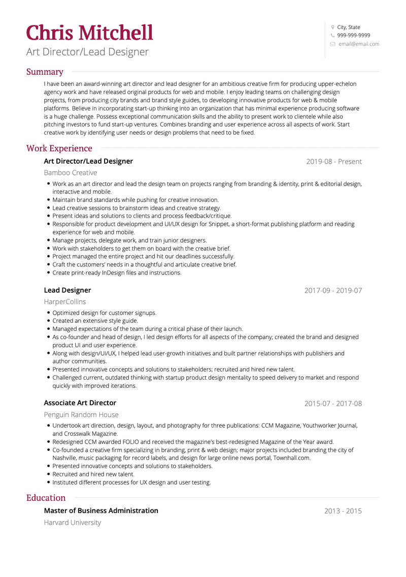 Art Director Cv Examples Templates Visualcv