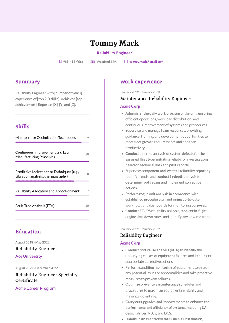 Reliability Engineer Resume Sample and Template