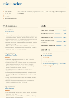 Infant Teacher Resume Sample and Template