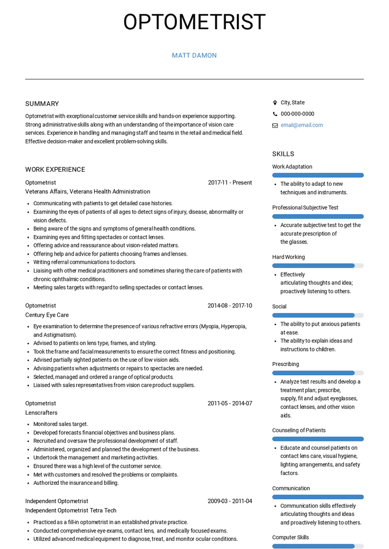 Optometrist Resume Sample and Template