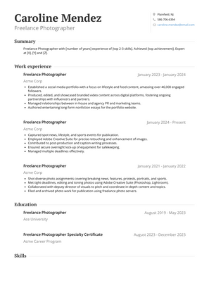 Freelance Photographer Resume Sample and Template