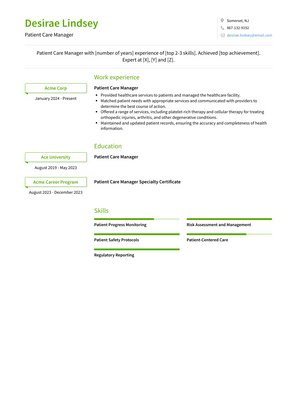 Patient Care Manager Resume Sample and Template